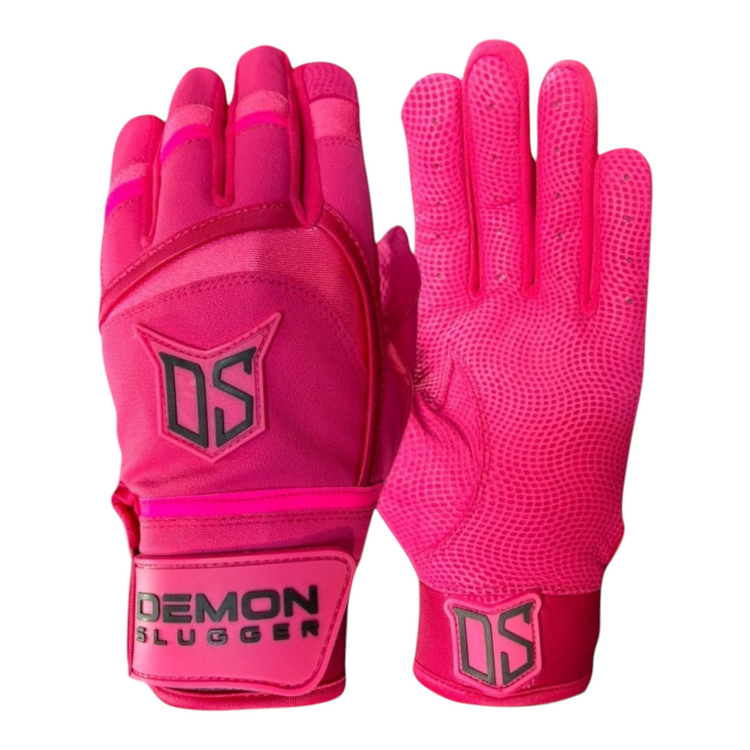 Guantes de bateo Radach Sports Demon Slugger Fiesta Colors en color rosa vibrante con palma de piel de oveja