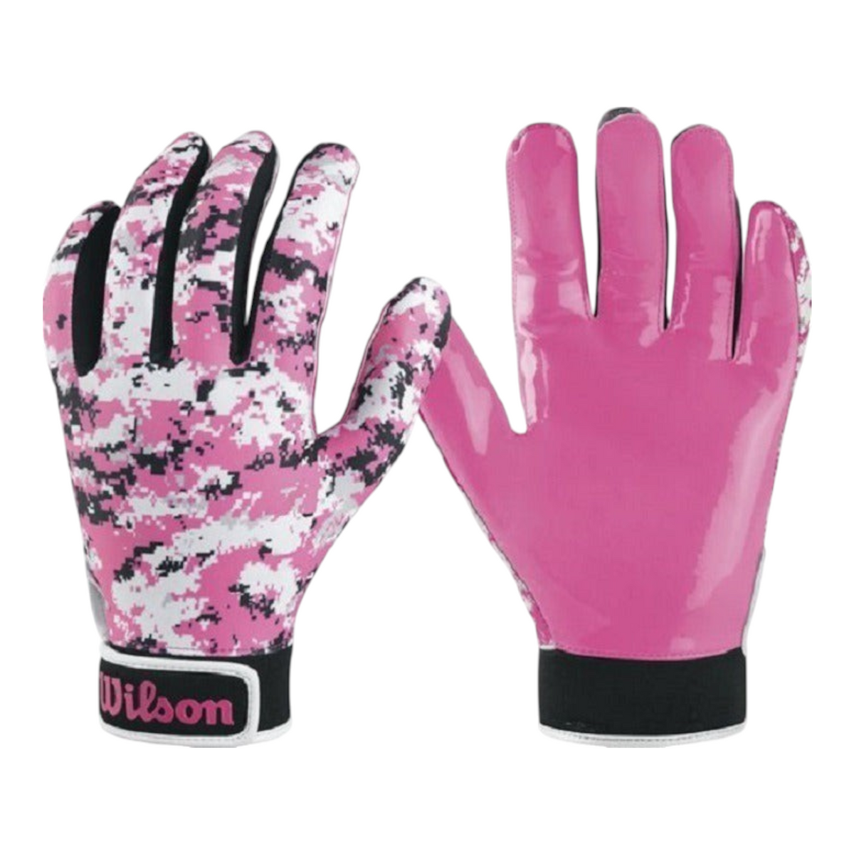 Guantes de receptor de futbol americano Radach Sports Wilson con estampado camuflaje rosa y palma adherente