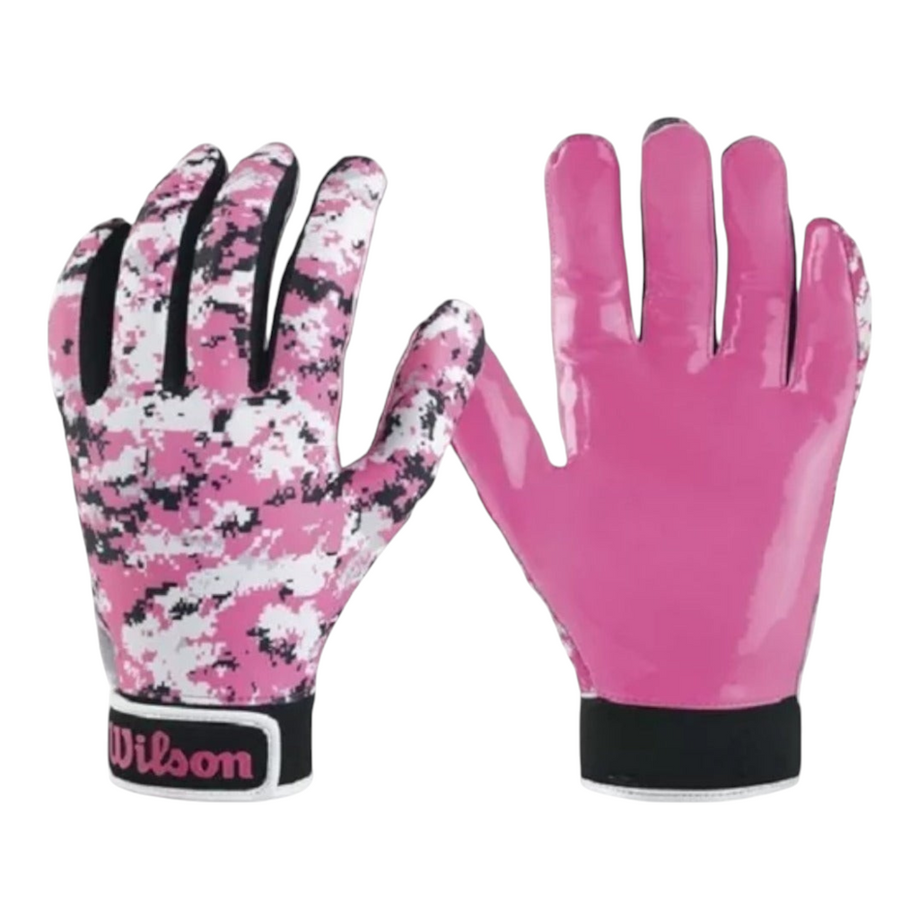 Guantes de receptor de fútbol americano Wilson de Radach Sports con diseño camuflaje rosa y palma brillante