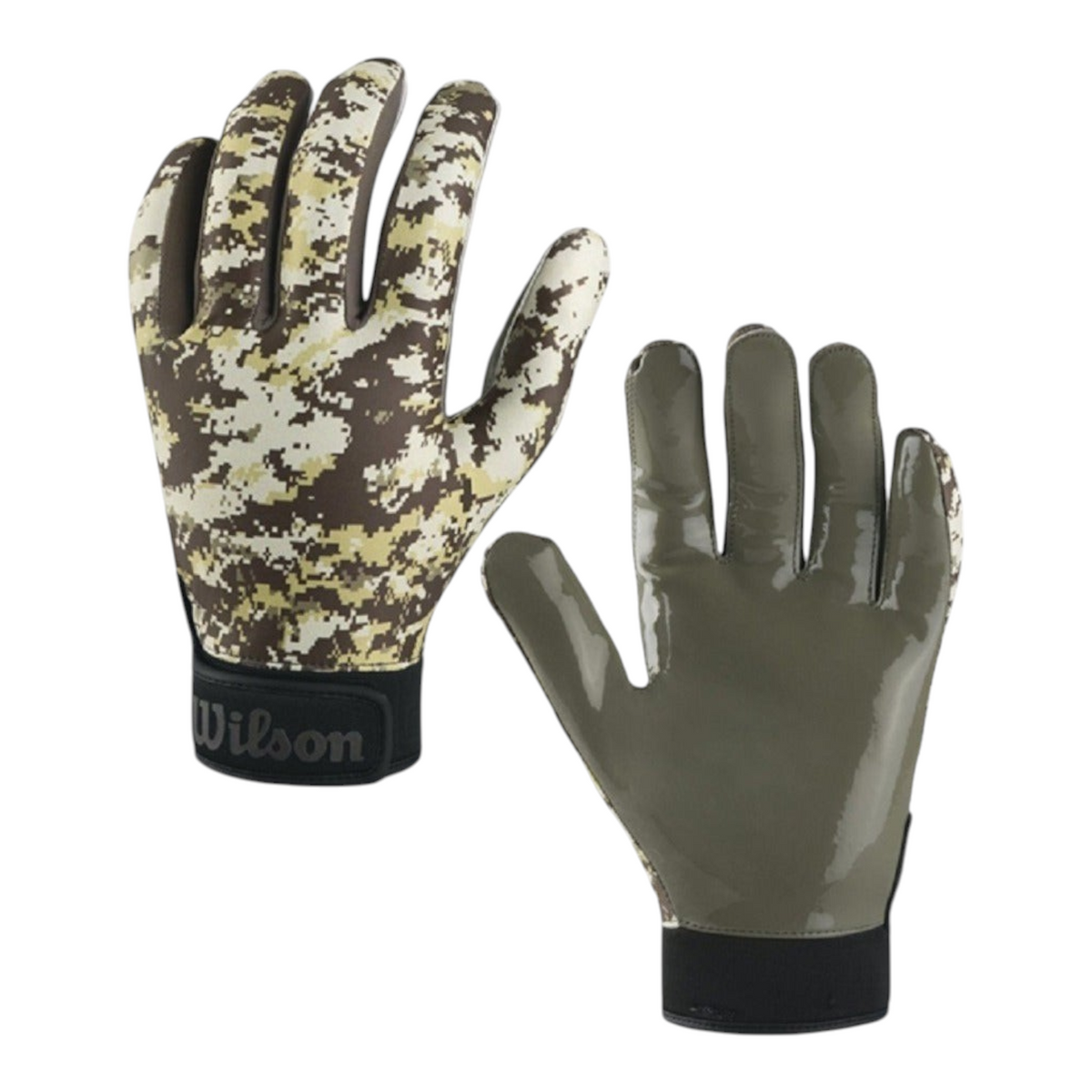 Guantes de fútbol americano Radach Sports Wilson con estampado camuflaje verde, palma adherente y cierre de velcro.