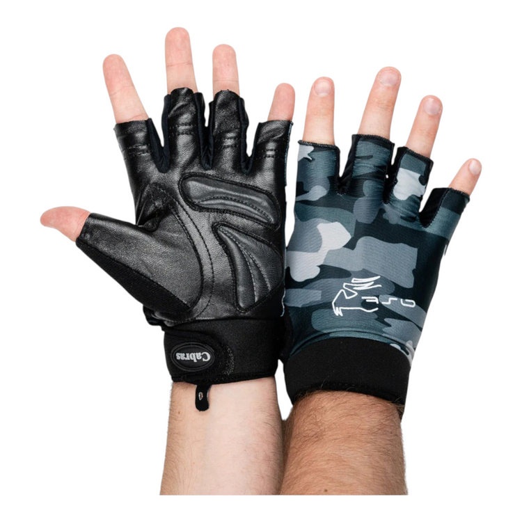 Guantes de gimnasio Radach Sports Cabras Powerlight grises con palma de piel genuina y dorso de licra camuflada