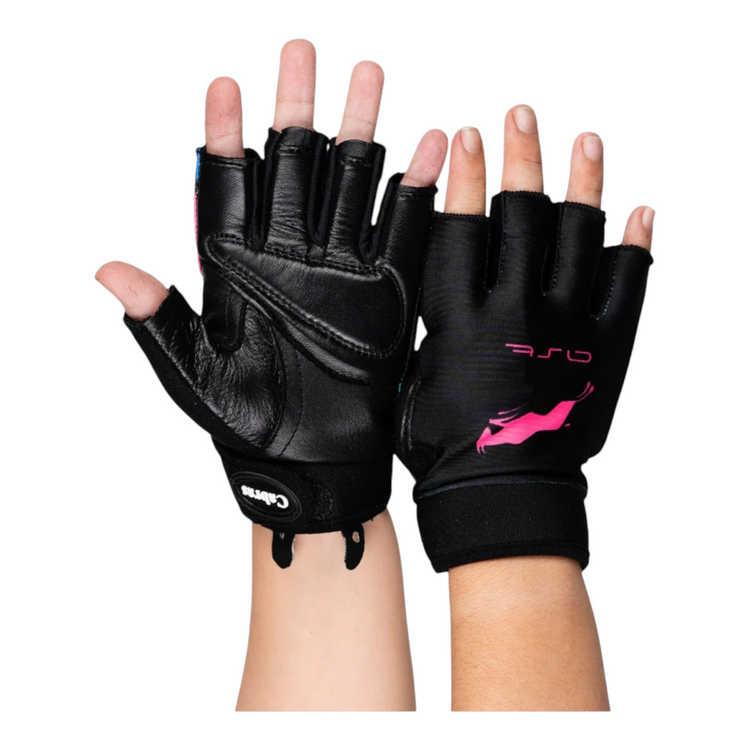 Guantes de gimnasio Radach Sports para dama en piel genuina negra con detalles multicolor y diseño sin dedos