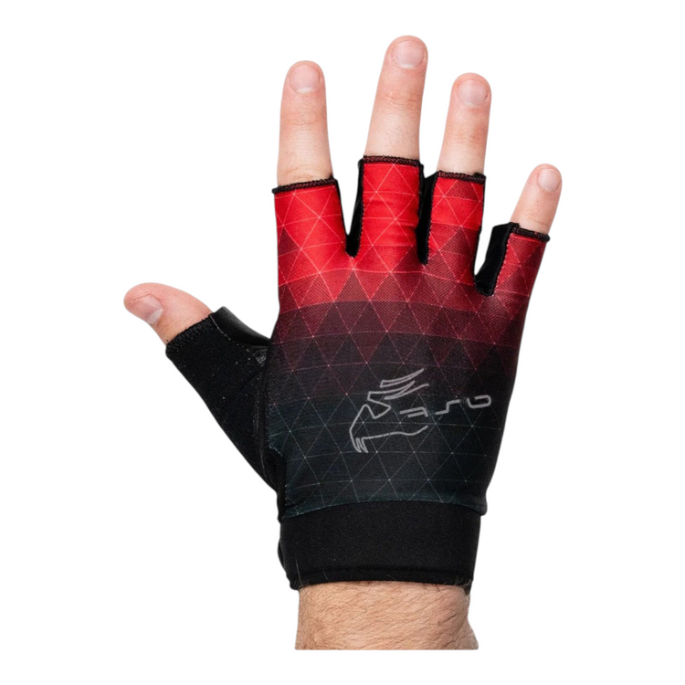 Guantes para gimnasio Radach Sports Mastergrip rojos de piel y licra con diseño geométrico para levantamiento de pesas