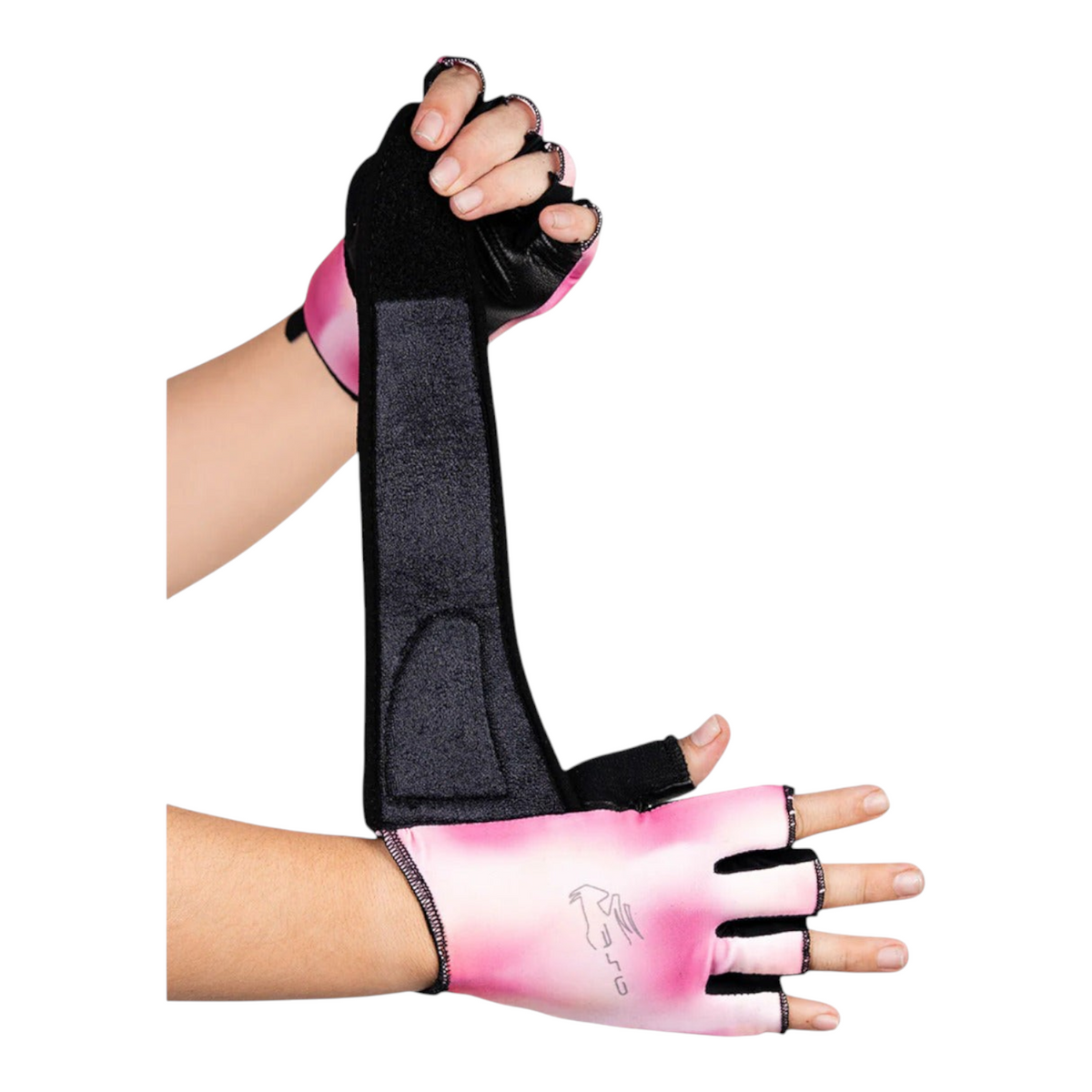 Guantes de gimnasio Radach Sports para dama en color fiusha con soporte de muñequera SWS y palma reforzada