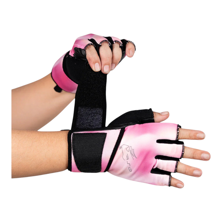 Guantes de gimnasio Radach Sports para dama en color fiusha con soporte de muñequera SWS y palma reforzada