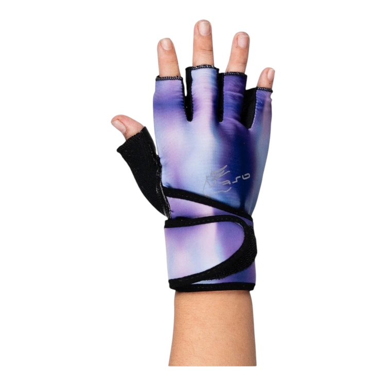Guantes de gimnasio Radach Sports para dama en color lila, fabricados en piel genuina con soporte de muñeca SWS.