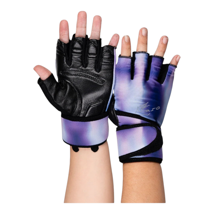 Guantes de gimnasio Radach Sports para dama en color lila, fabricados en piel genuina con soporte de muñeca SWS.