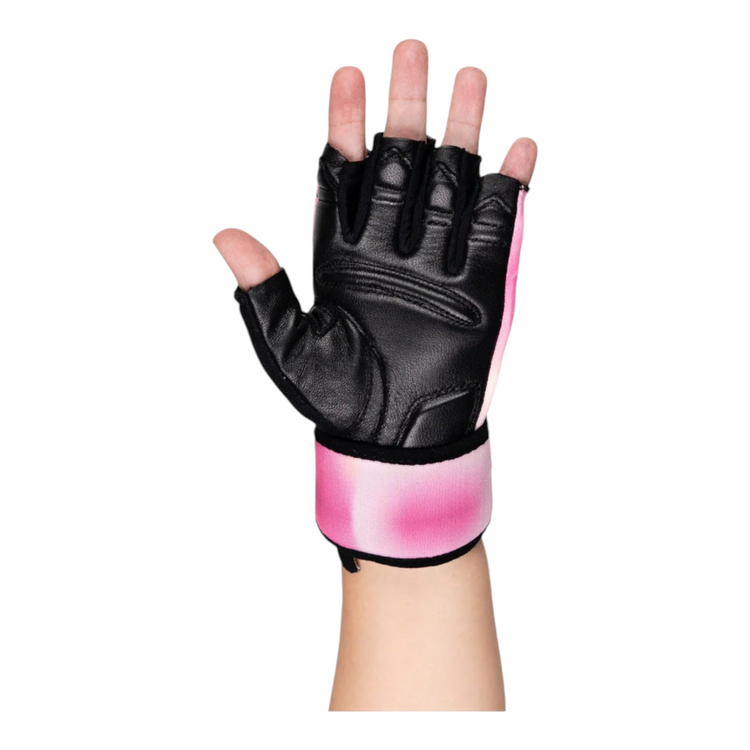 Guantes de gimnasio Radach Sports para dama en color fiusha y negro, fabricados en piel genuina con soporte de muñeca