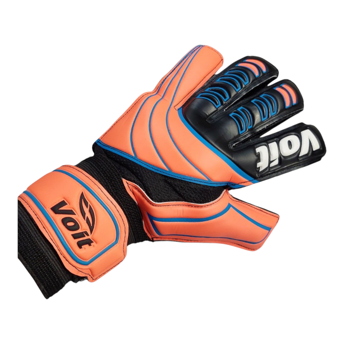Guante de portero Radach Sports Voit Performance III en color naranja, negro y azul con palma de látex de alta calidad.