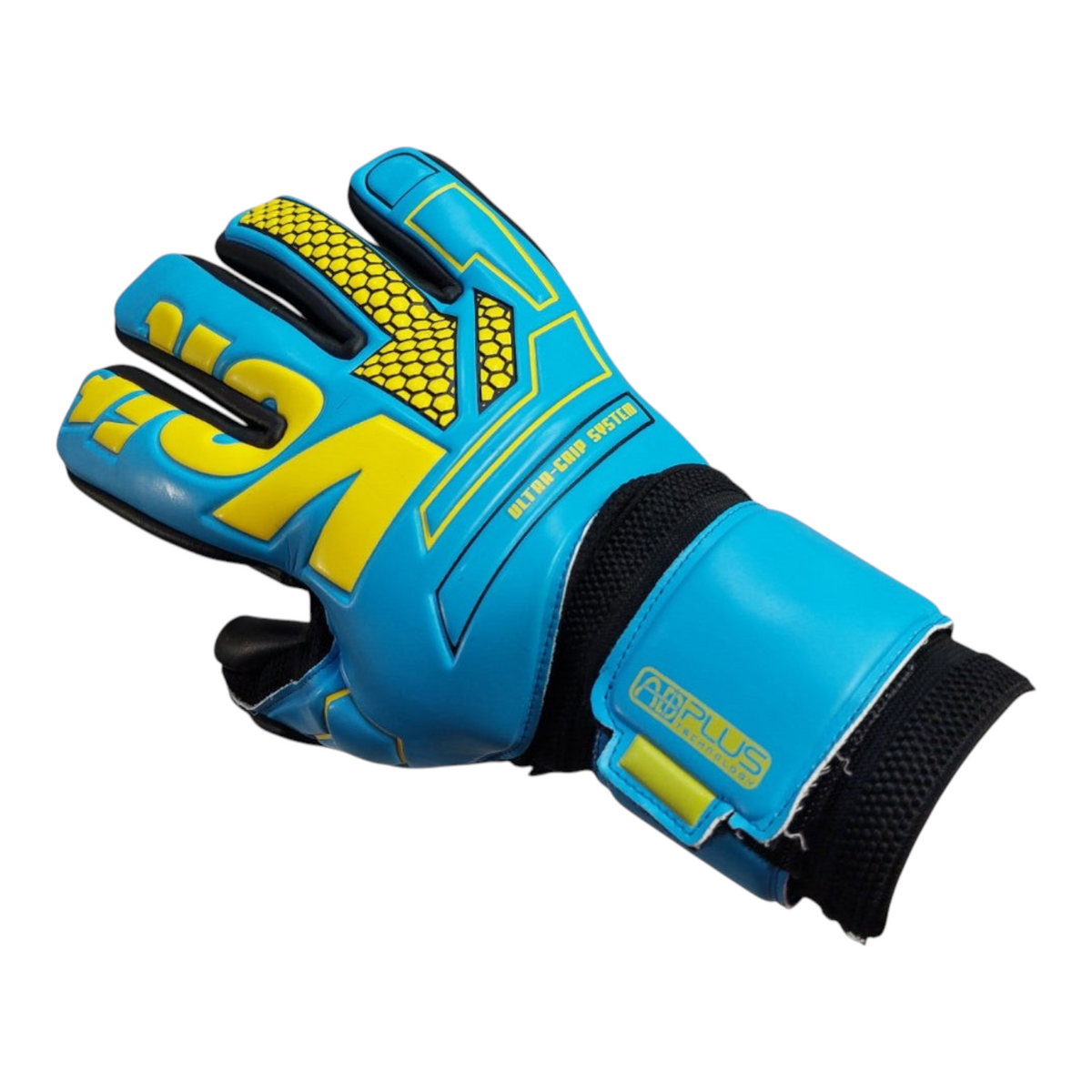 Guantes de portero Radach Sports Voit Elite Snakebite en color azul con detalles amarillos y tecnología de agarre