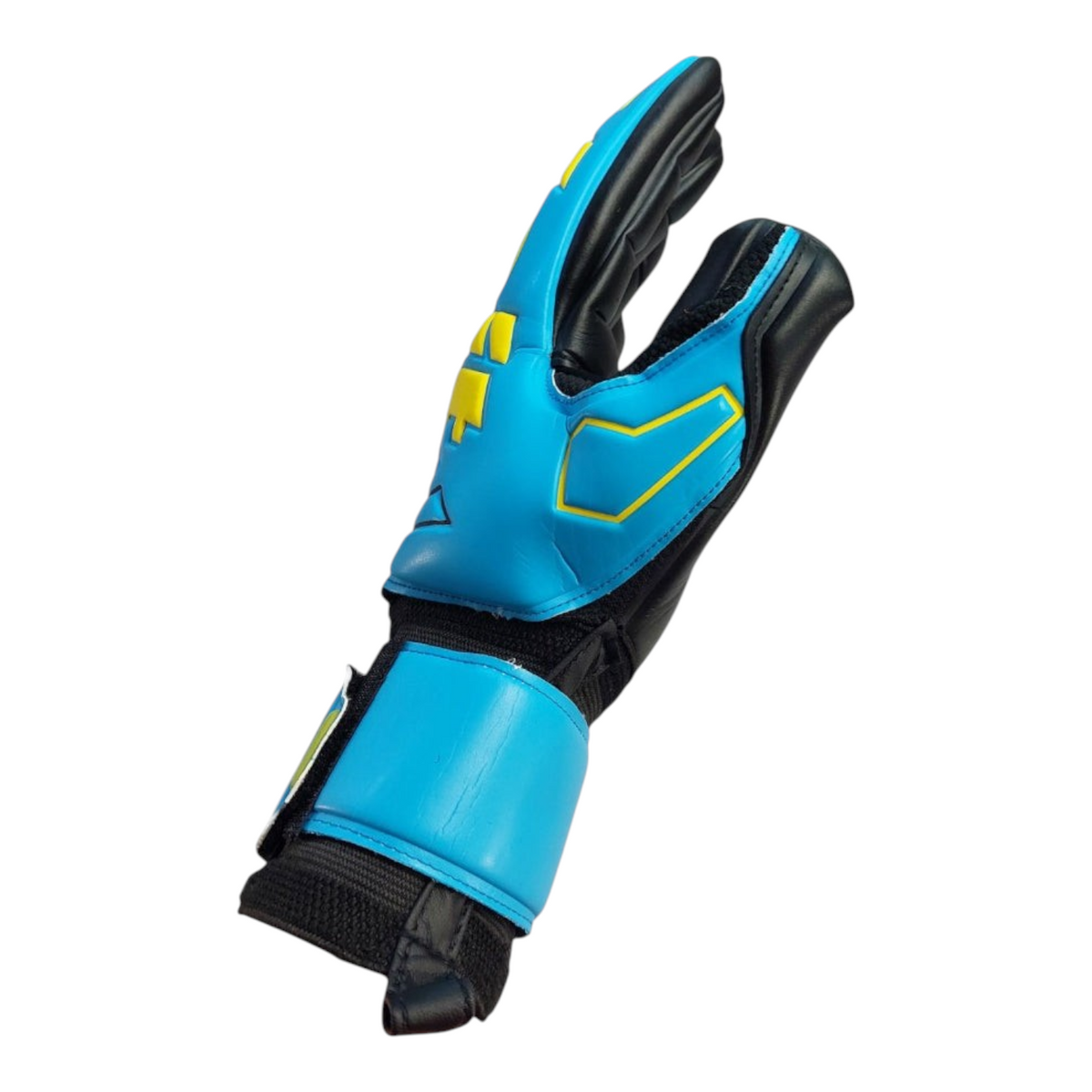 Guantes de portero Radach Sports Voit Elite Snakebite en azul y negro con detalles amarillos y ajuste ergonómico.