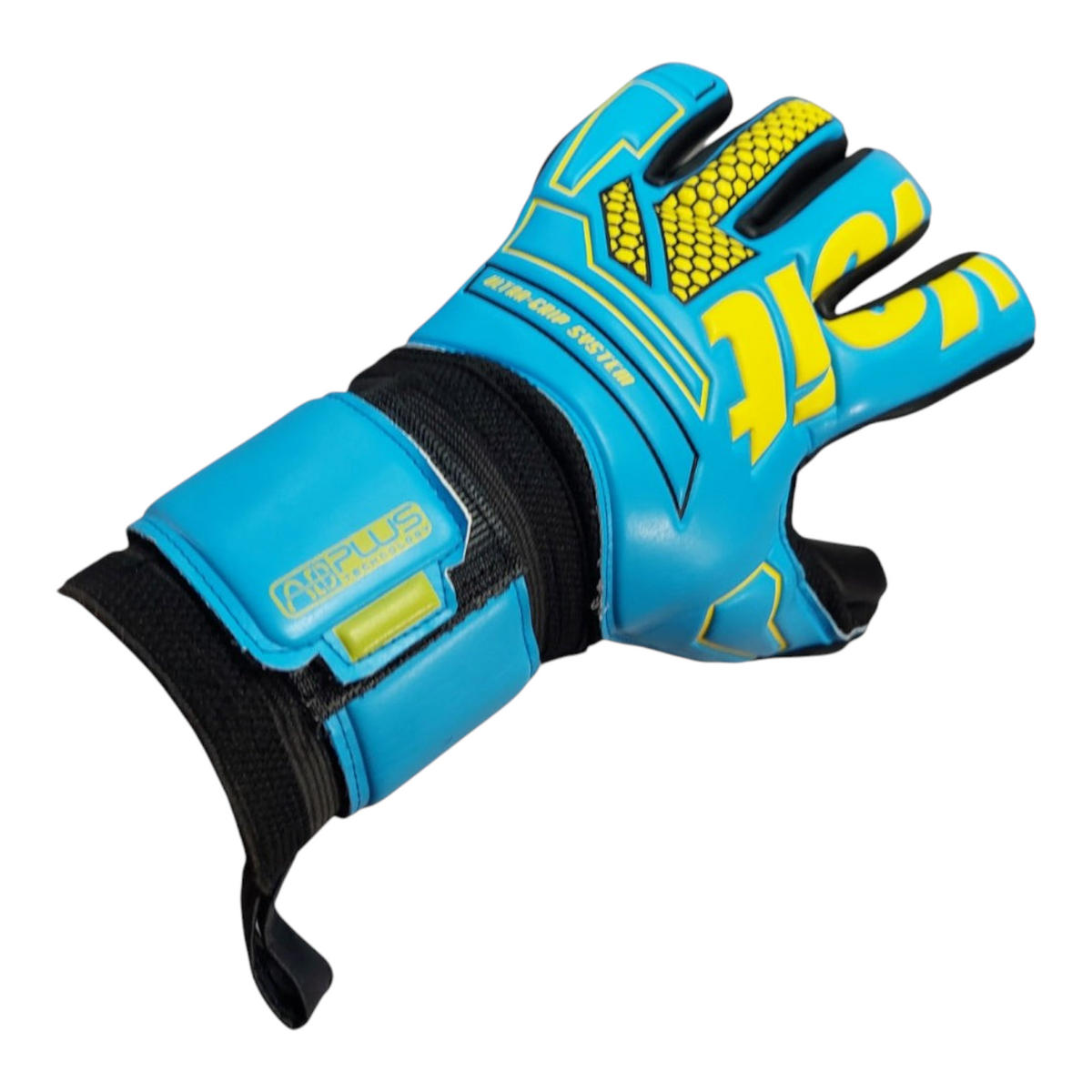 Guante de portero Radach Sports Voit Elite Snakebite azul con detalles amarillos y sistema de ajuste ergonómico