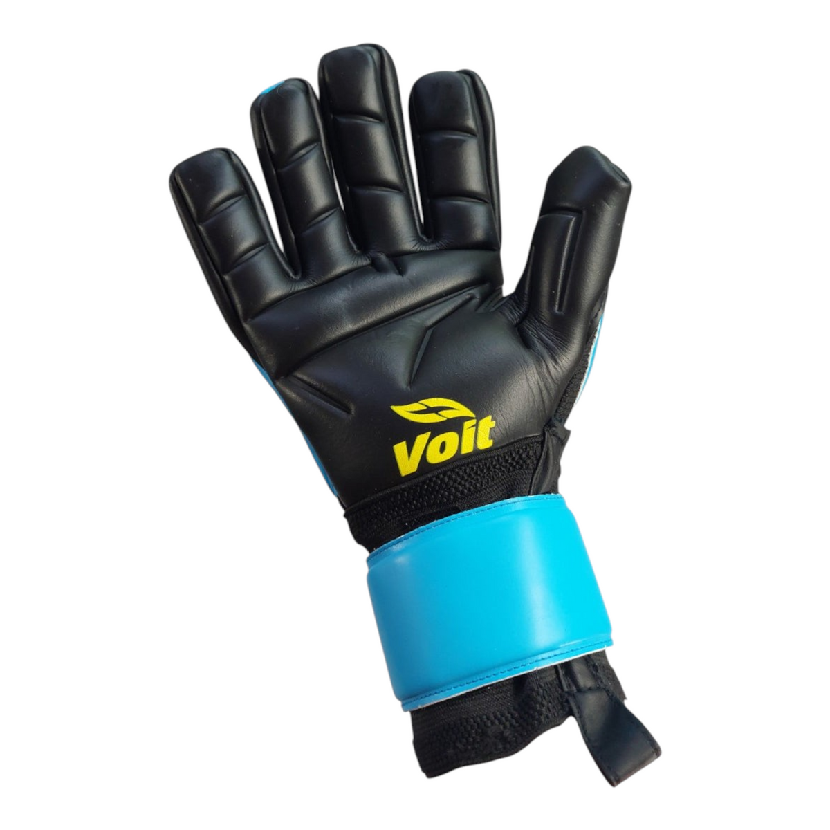 Guantes de portero Radach Sports Voit Elite Snakebite en color negro y azul con palma de látex y ajuste ergonómico.
