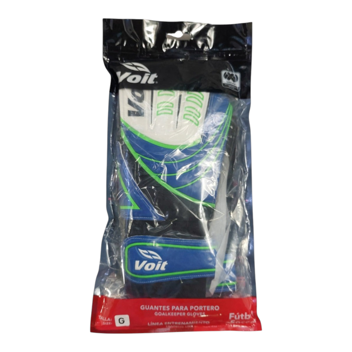 Guantes de portero Radach Sports Voit Performance III en color azul, blanco y negro, empacados en bolsa original.