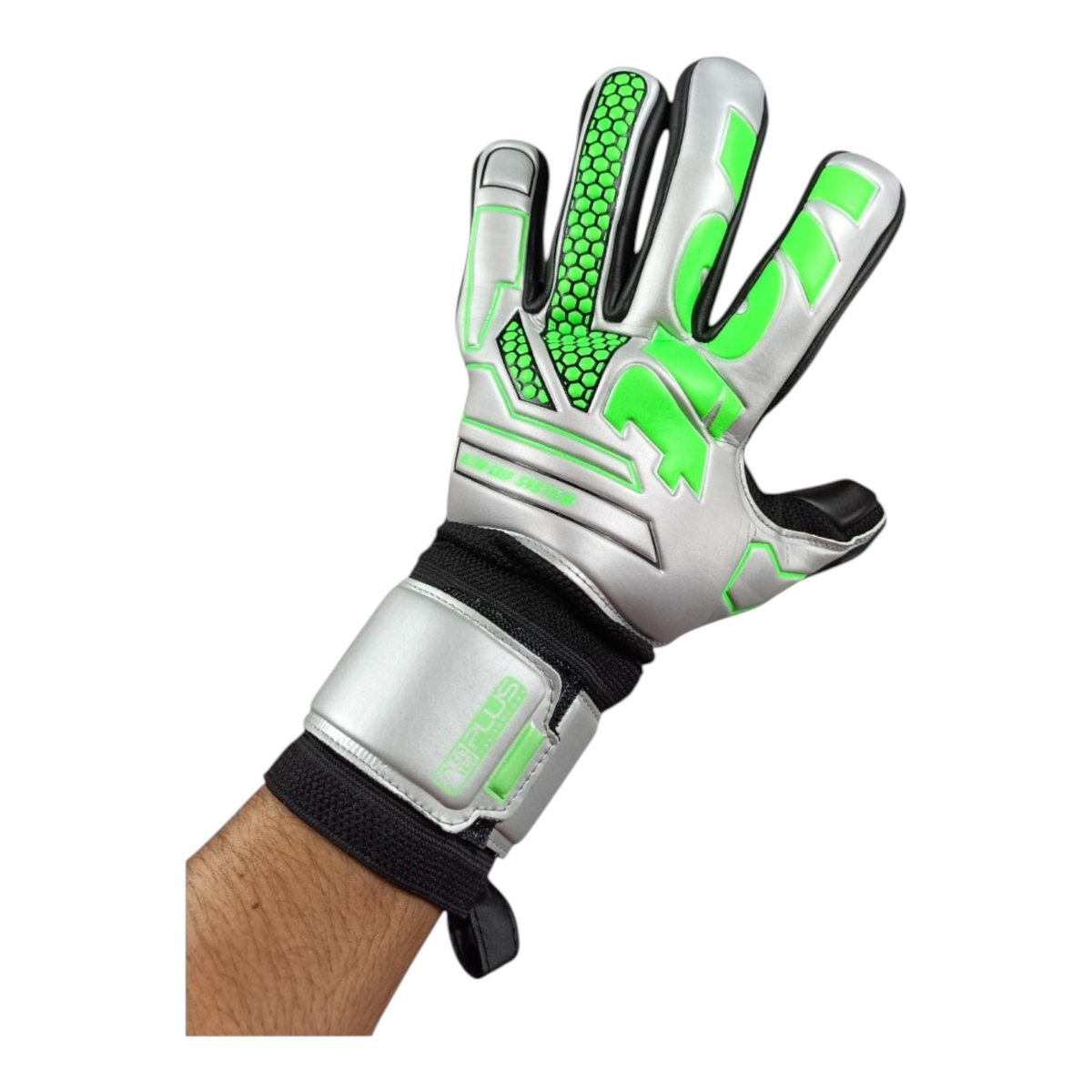 Guantes de portero Radach Sports Voit Snakebite grises con detalles en verde neón y cierre de velcro ajustable