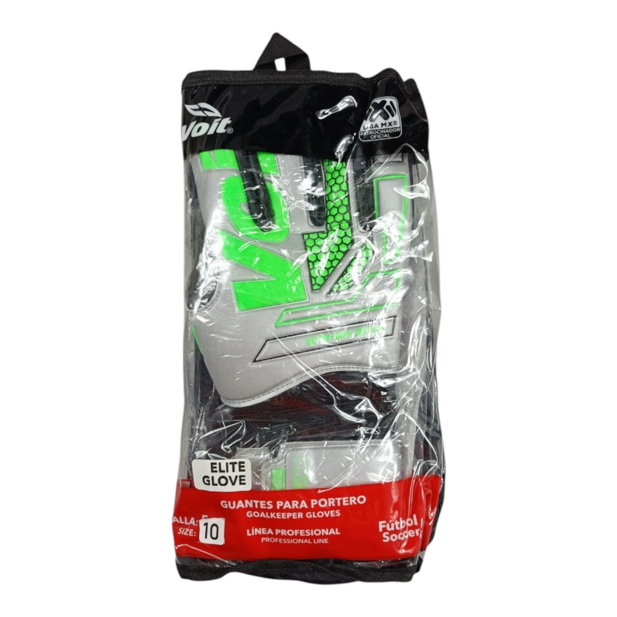 Guantes de portero Radach Sports Voit Snakebite grises con detalles en verde neón en su empaque original