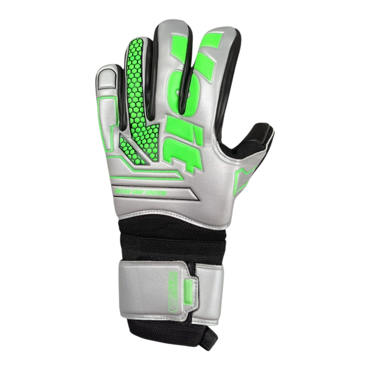 Guantes de portero Radach Sports Voit Snakebite grises con detalles en verde neón y cierre de velcro ajustable