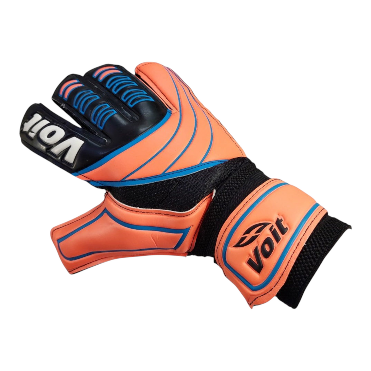 Guantes de portero Radach Sports Voit Performance III en color naranja, negro y azul con palma de látex de alta calidad