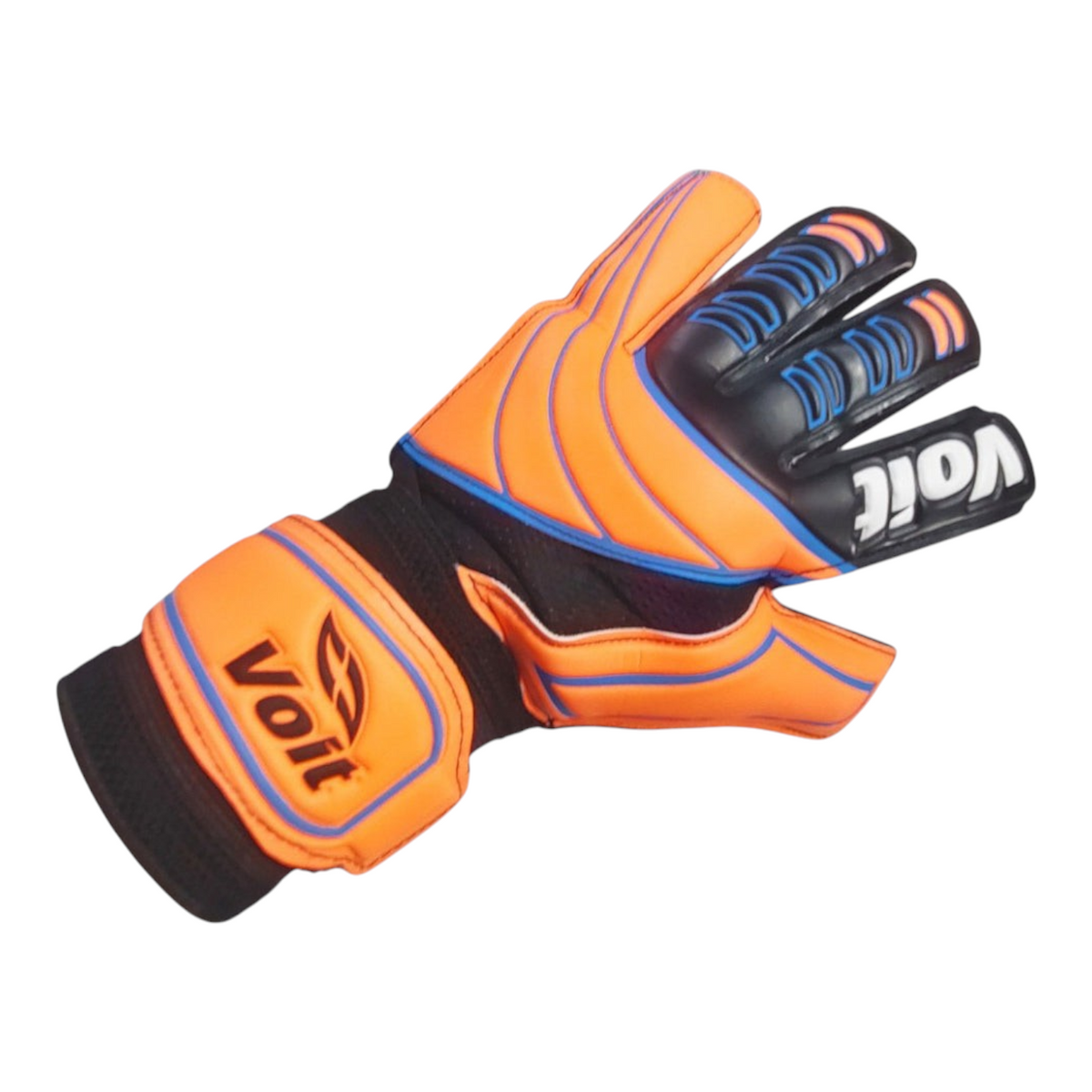 Guantes de portero Radach Sports Voit Performance III en color naranja, negro y azul con palma de látex de alta calidad