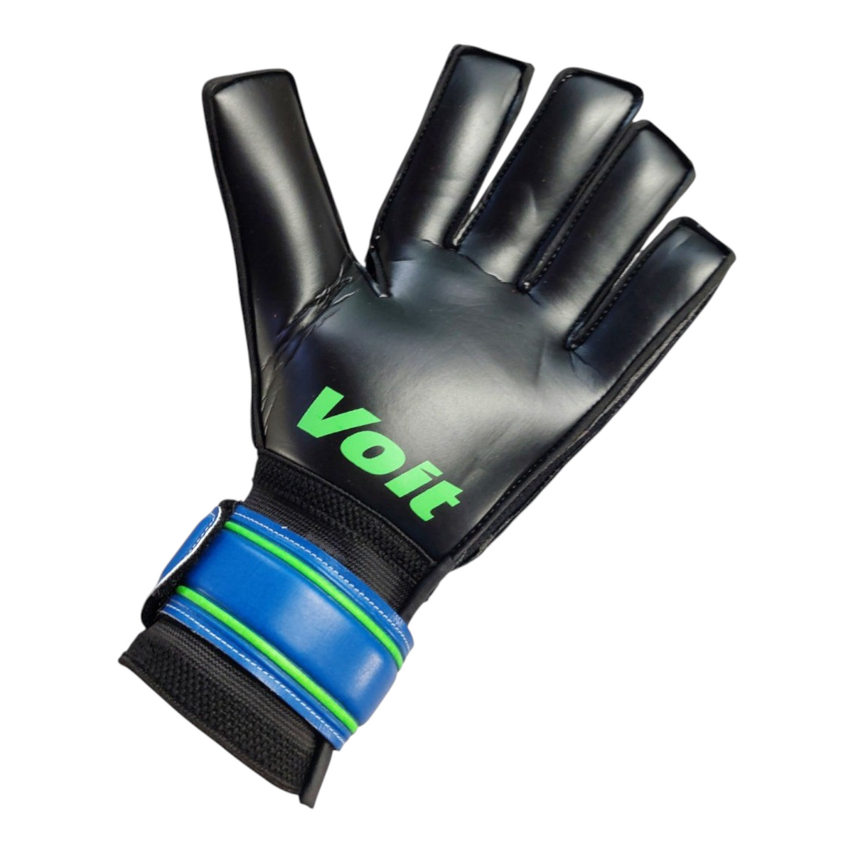 Guantes de portero Radach Sports Voit Performance III en color negro con detalles en azul y verde, palma de látex.