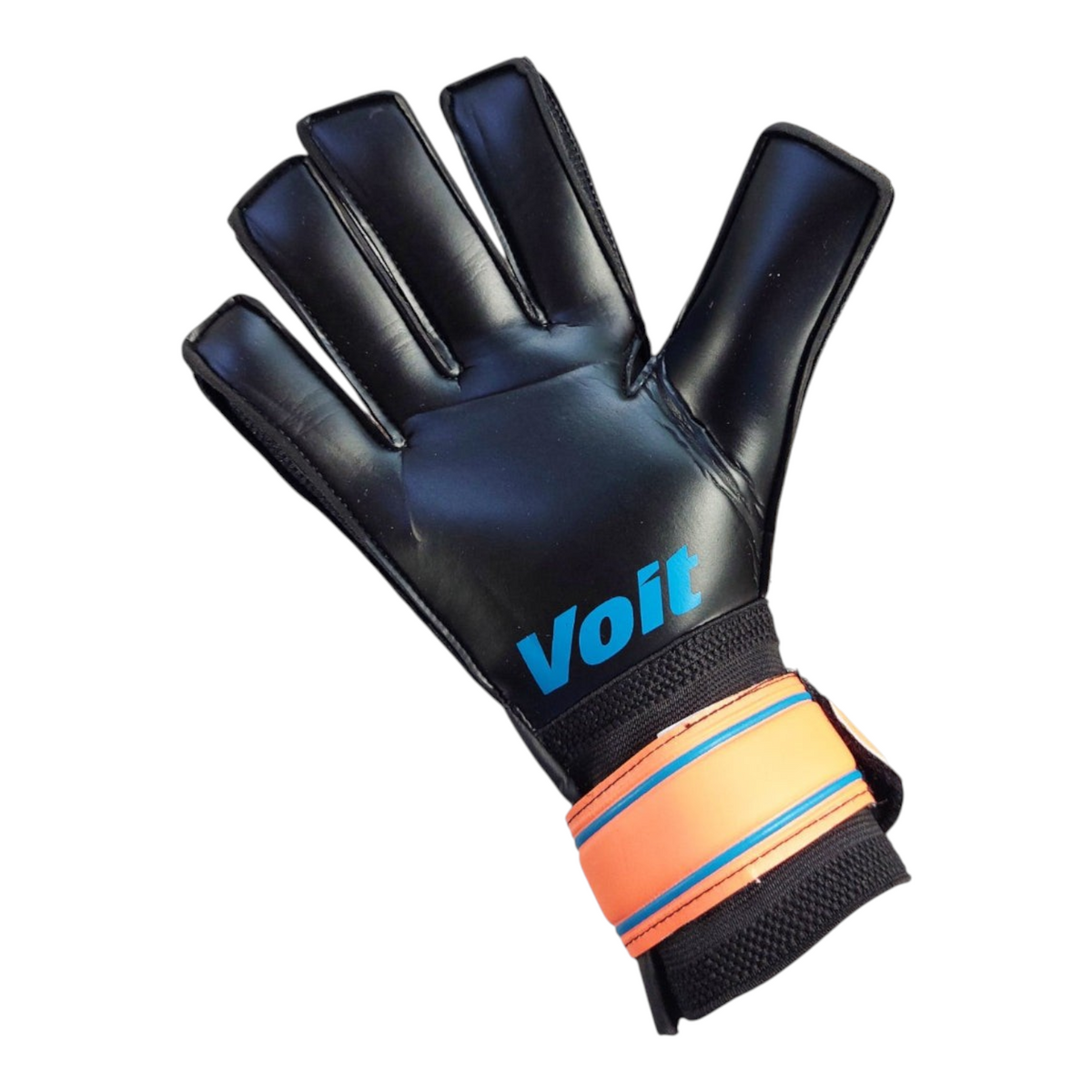 Guantes de portero Radach Sports Voit Performance III en negro con detalles en naranja y azul, palma de látex plana.