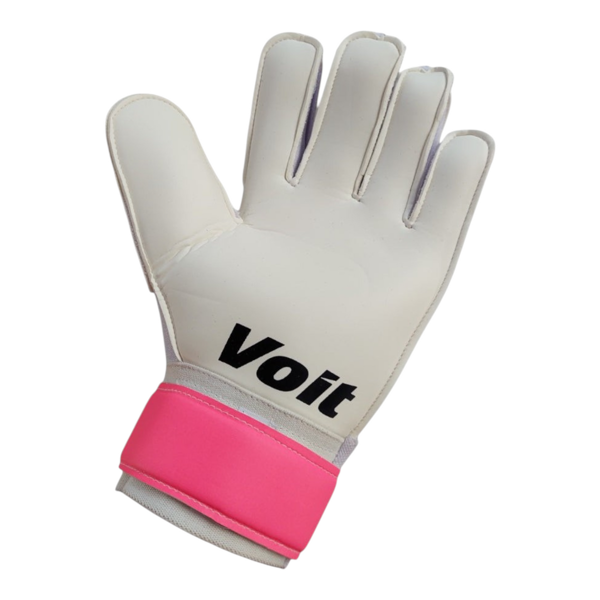 Guantes de portero Radach Sports Voit Basic III en color blanco con detalles en rosa, fabricados en PVC resistente.