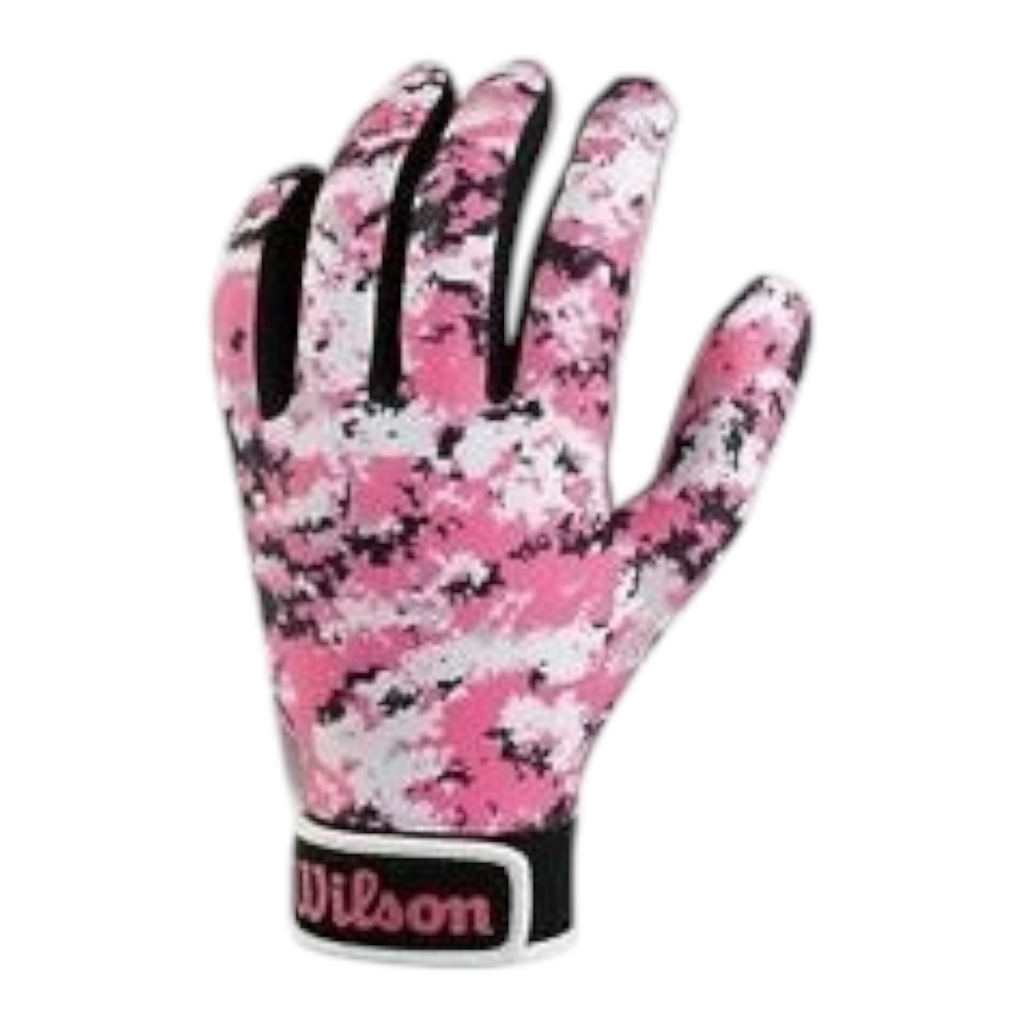 Guantes de receptor Wilson para futbol americano de Radach Sports con estampado de camuflaje en tonos rosa y blanco