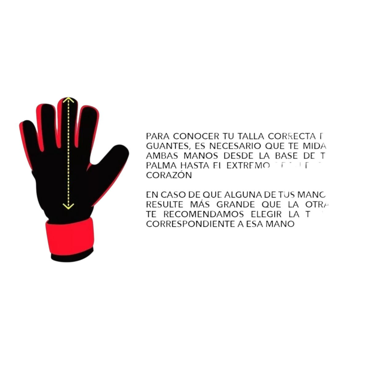 Guía de tallas para guantes de portero Radach Sports con ilustración de mano negra y muñequera naranja