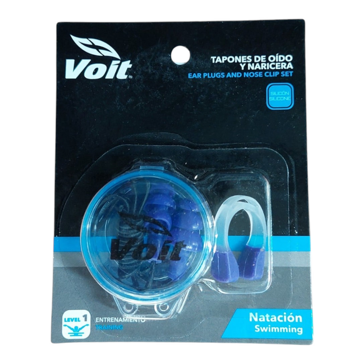 Kit de natación Radach Sports Voit con tapones para oídos y naricera de silicona en color morado con estuche protector