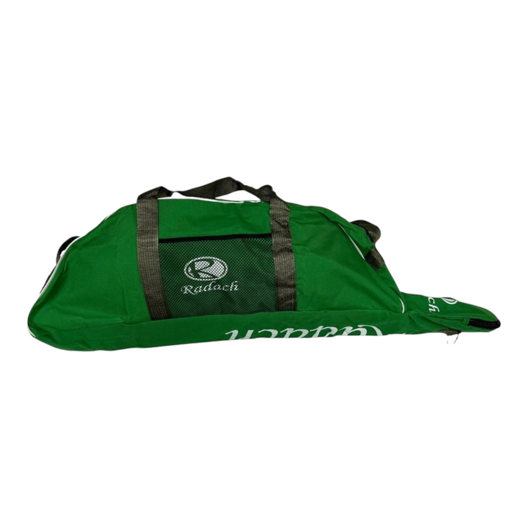 Maleta Radach Sports verde de poliéster para béisbol y sóftbol con correas de mano y hombro, diseño tipo tote.