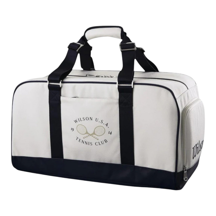 Maleta duffle Radach Sports Wilson Heritage 1914 blanca y azul marino con logo conmemorativo de tenis