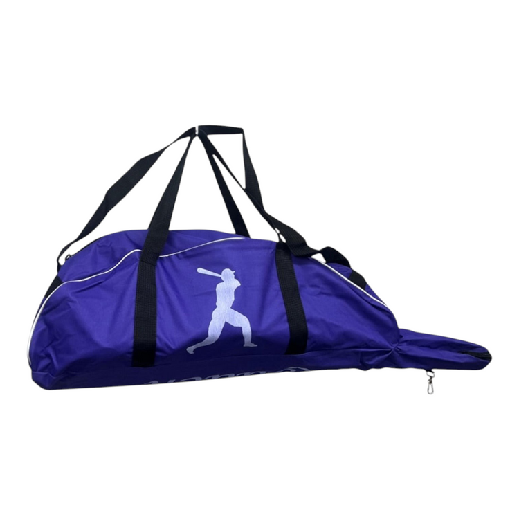 Maleta tote Radach Sports morada para beisbol y softbol con silueta de bateador y correas negras