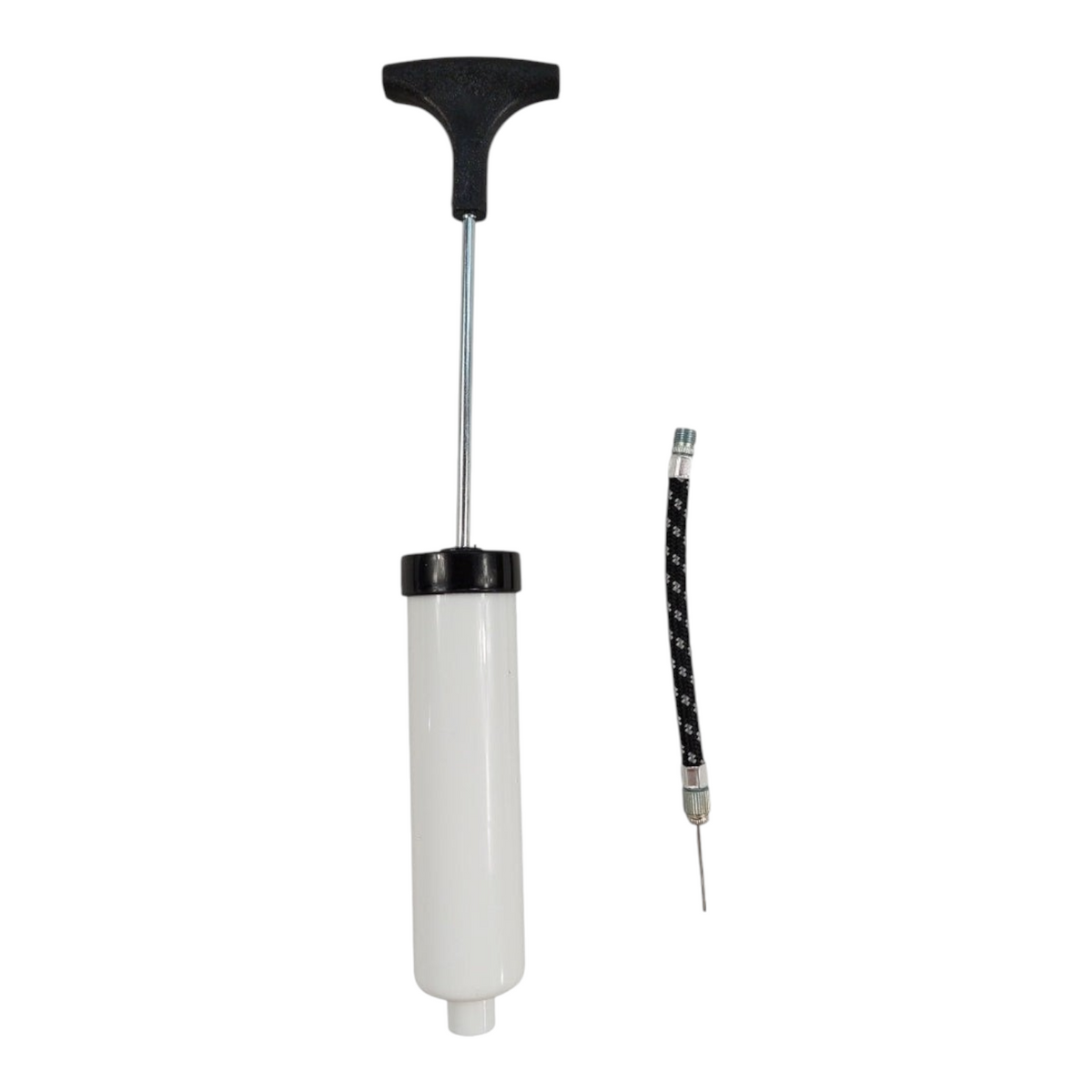 Mini bomba de inflado de balones Radach Sports con cuerpo blanco, mango negro y manguera con aguja incluida