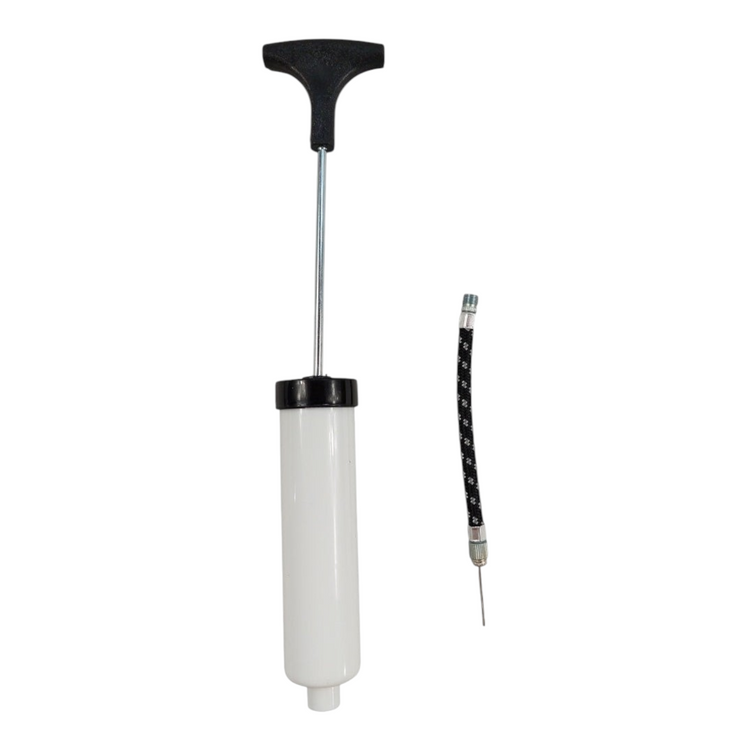 Mini bomba de inflado de balones Radach Sports con cuerpo blanco, mango negro y manguera con aguja incluida