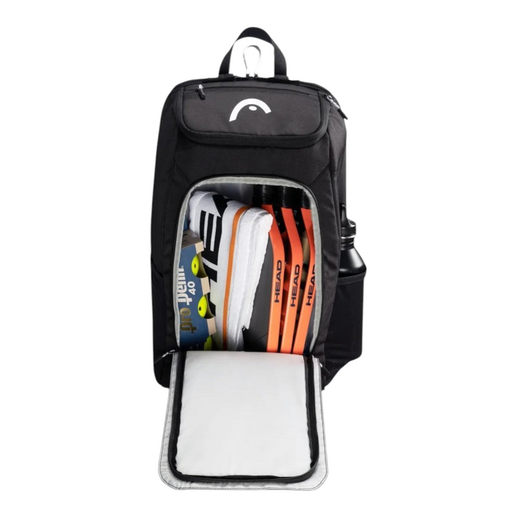 Mochila Radach Sports HEAD Tour Pickleball negra con compartimentos para palas, calzado y accesorios deportivos.