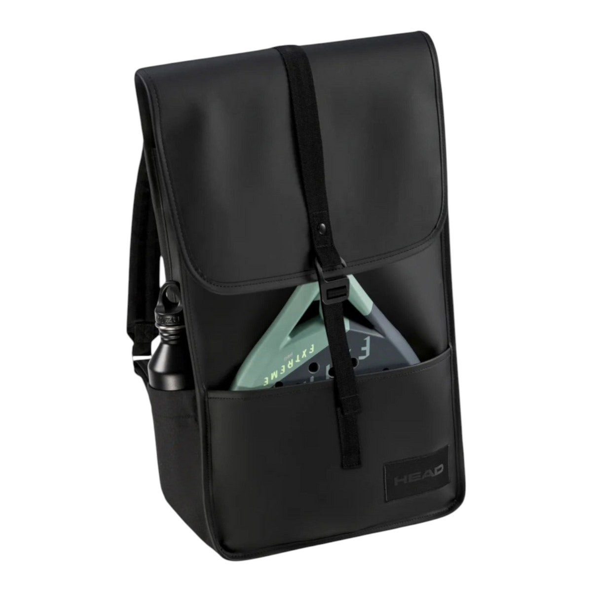 Mochila negra Radach Sports Head Pro de 23L con compartimento para raqueta de pádel, botella y cierre de hebilla.