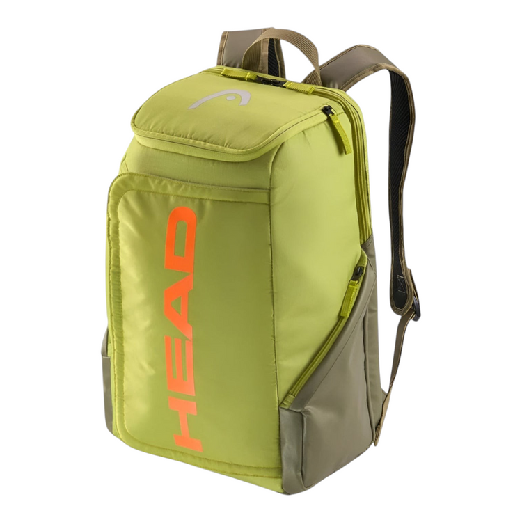 Mochila Radach Sports HEAD Pro 28L en verde fosforescente con logotipo naranja, ideal para tenis y uso deportivo.