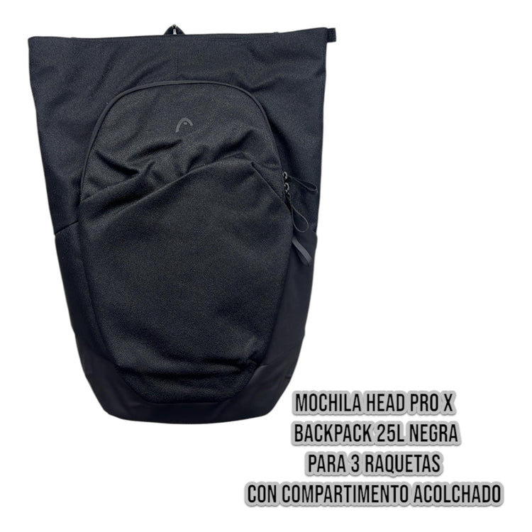 Mochila Radach Sports HEAD Pro X negra de 25 litros con compartimento acolchado para tres raquetas de tenis o pádel