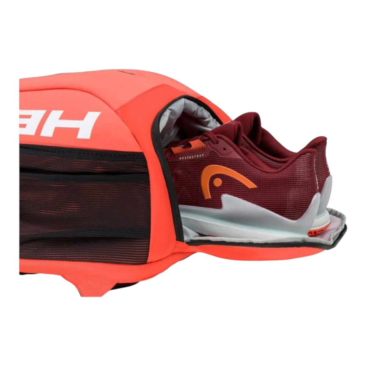 Mochila Radach Sports HEAD Tour Radical roja con compartimento lateral abierto para guardar zapatillas de tenis