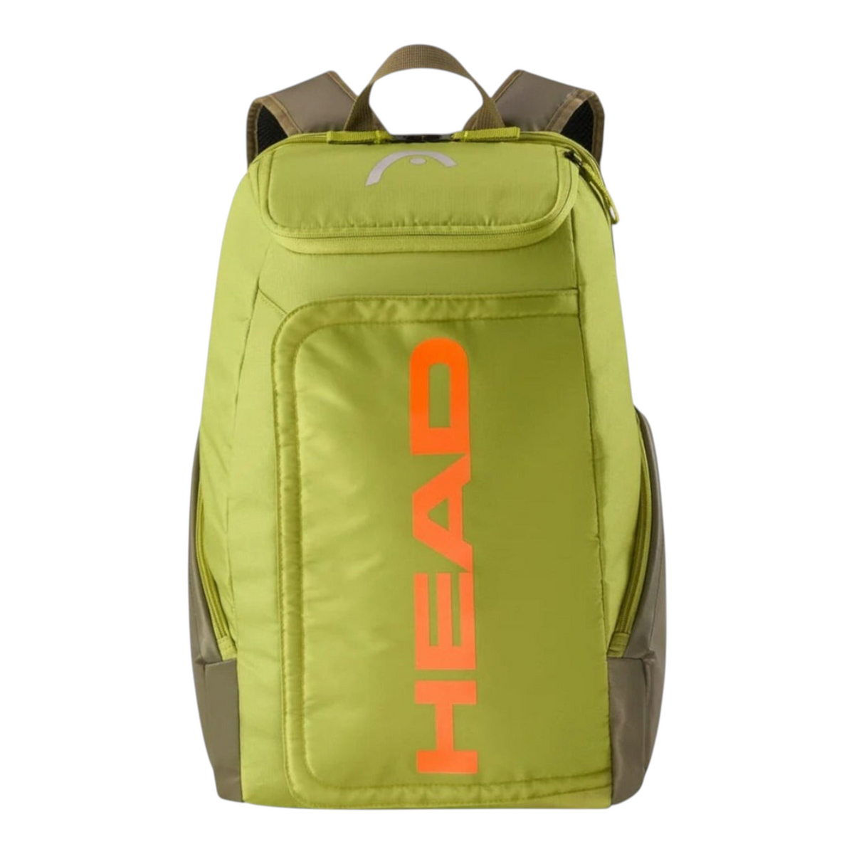 Mochila Radach Sports HEAD Pro 28L en color verde fosforescente con logotipo naranja, ideal para tenis y gimnasio.