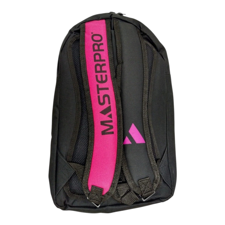 Mochila Radach Sports Master Pro negra con detalles en rosa, diseñada para transportar hasta dos raquetas de tenis.