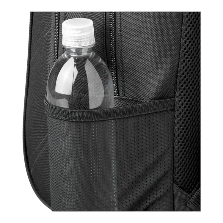 Bolsillo lateral de malla negra en mochila Radach Sports para transportar botellas de agua