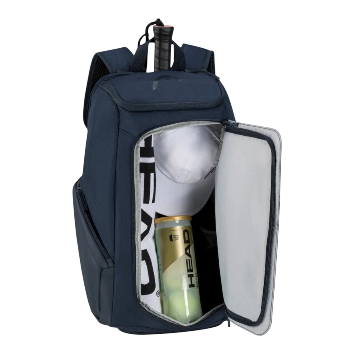 Mochila Radach Sports Head Pro 28L azul marino con compartimento abierto mostrando gorra y bote de pelotas de pádel
