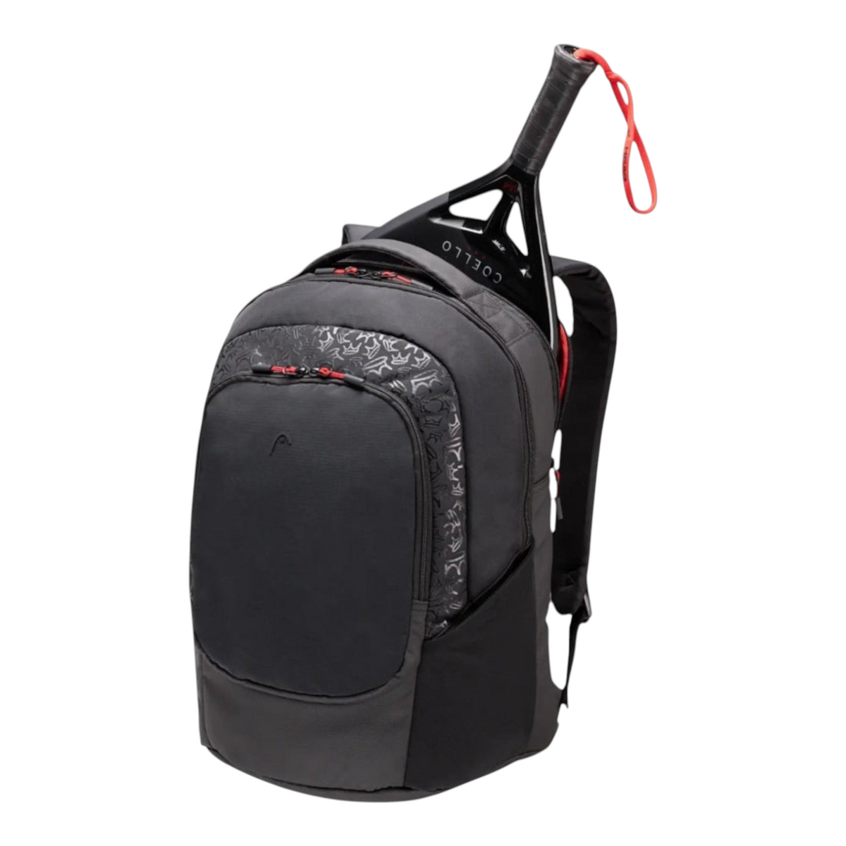 Mochila de pádel Radach Sports Head Coello Pro de 30 litros en color negro con detalles en rojo y pala integrada