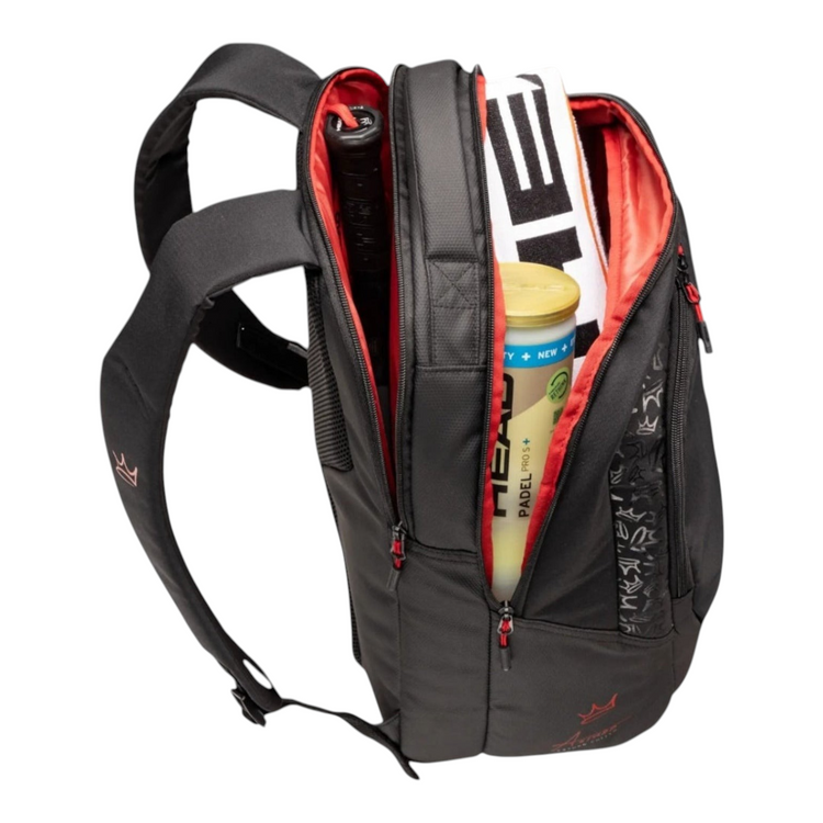 Mochila de pádel Radach Sports Head Coello Pro de 30L en color negro con detalles en rojo y compartimentos abiertos