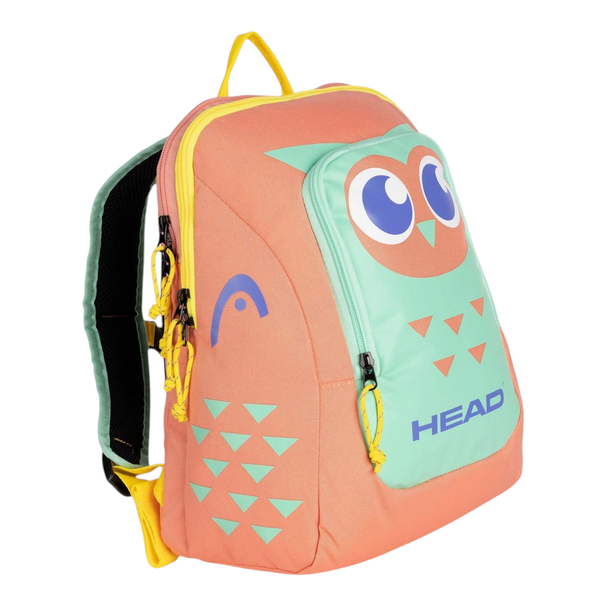 Mochila infantil Radach Sports Head en color rosa y menta con diseño de búho, ideal para una raqueta de tenis junior.