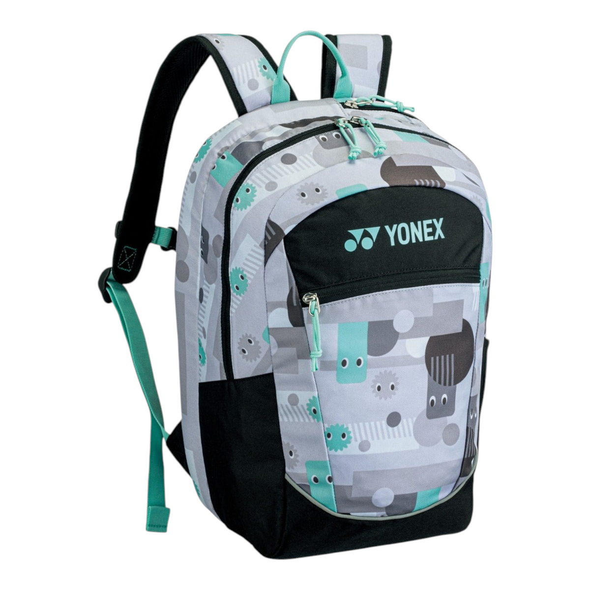 Mochila infantil Yonex gris con estampado divertido y detalles en turquesa, disponible en Radach Sports