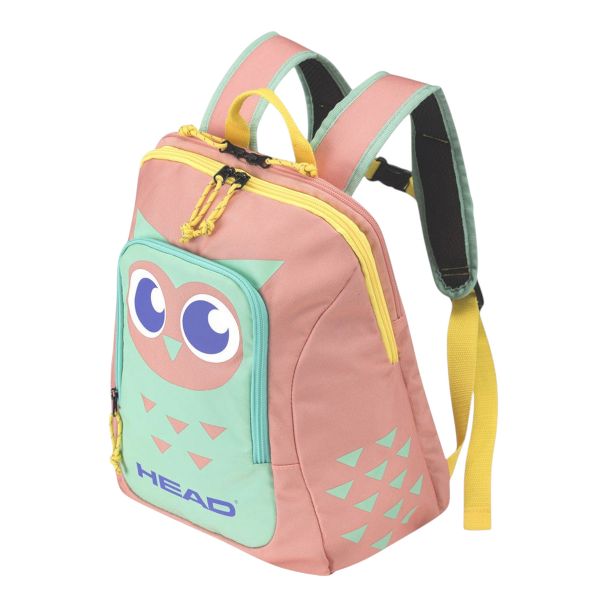 Mochila infantil Radach Sports Head en color rosa y menta con diseño de búho, ideal para una raqueta de tenis junior.