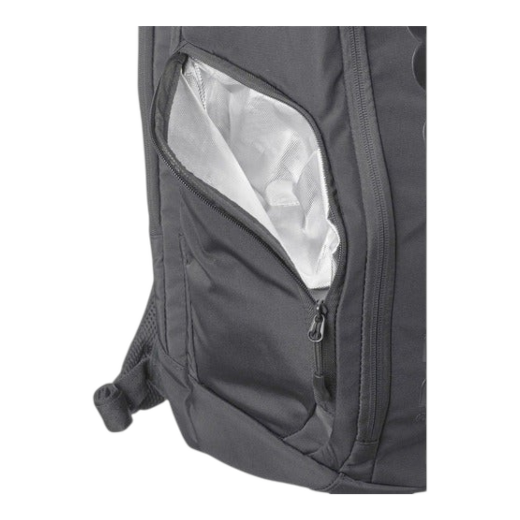 Detalle del bolsillo lateral con forro térmico Thermoguard en la mochila de tenis Wilson Radach Sports negra
