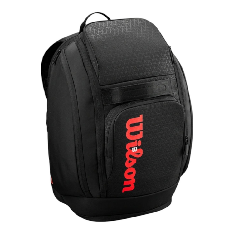 Mochila de tenis Radach Sports Wilson Clash V3 negra con detalles en rojo y compartimento para dos raquetas
